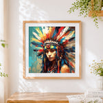 Finished vibrant indigenous portrait cross stitch artwork displayed