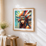 Vibrant indigenous portrait cross stitch artwork displayed on wall as home decor
