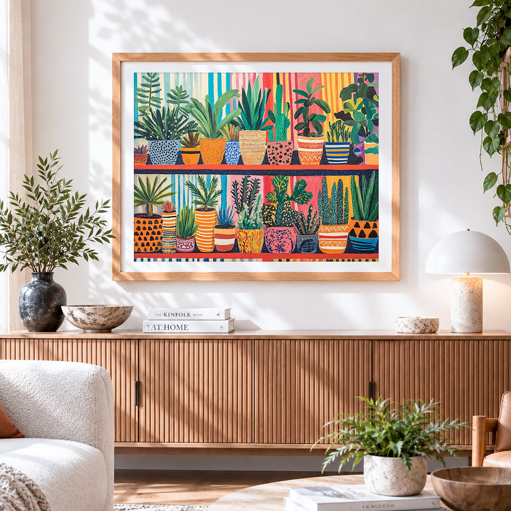 Finished vibrant indoor plants on shelves paint by numbers artwork displayed as home decor