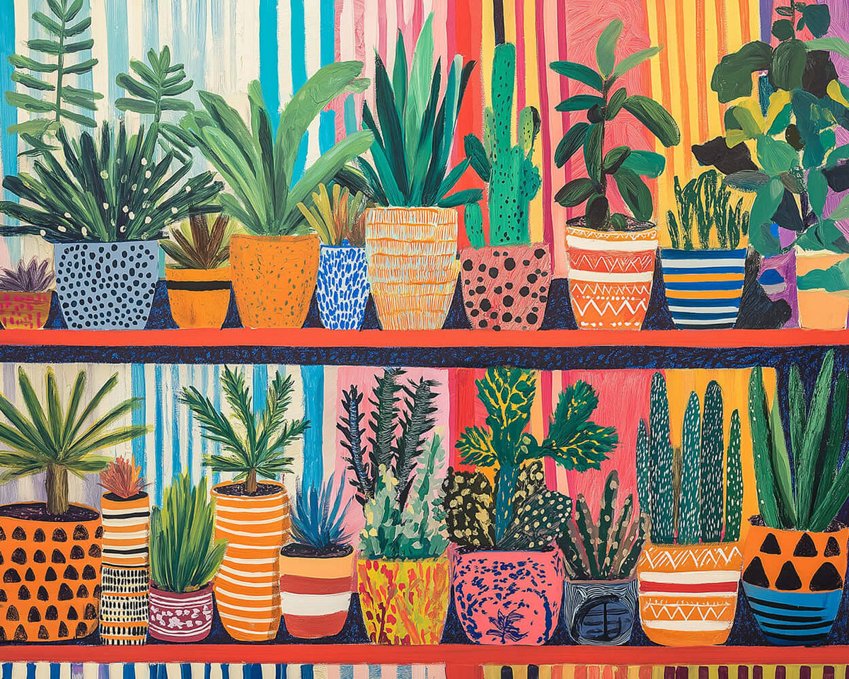 Vibrant indoor plants on shelves paint by numbers kit for beginners