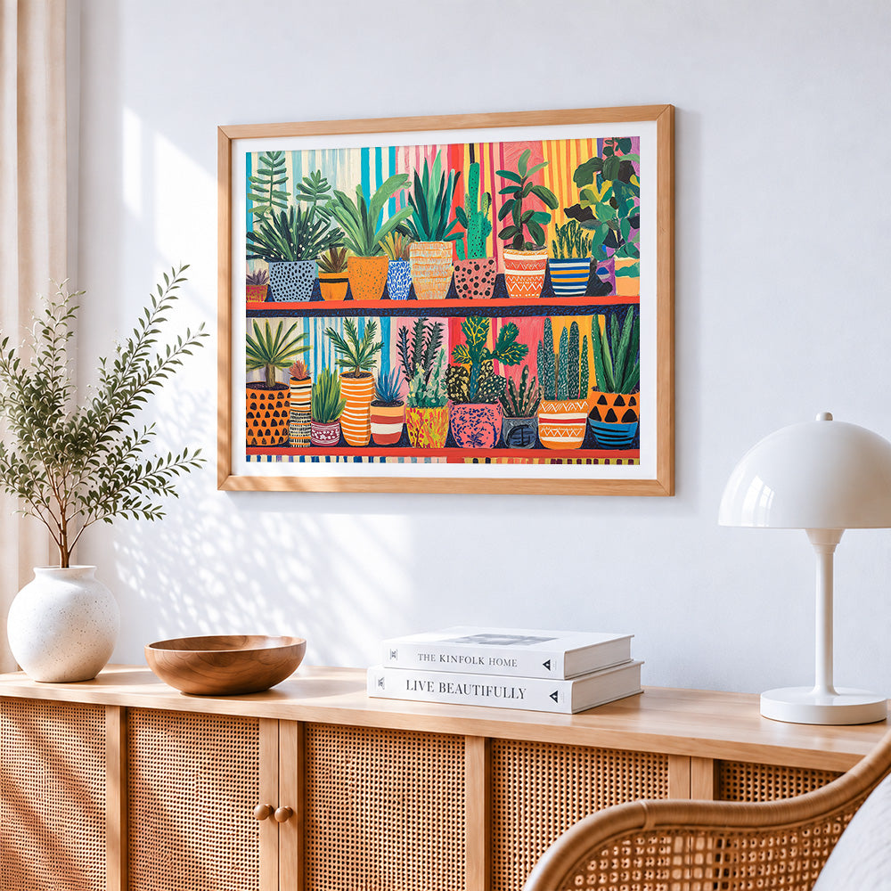 Vibrant indoor plants on shelves paint by numbers artwork displayed on wall as home decor