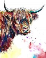 Vibrant ink and watercolour highland cow cross stitch kit for beginners