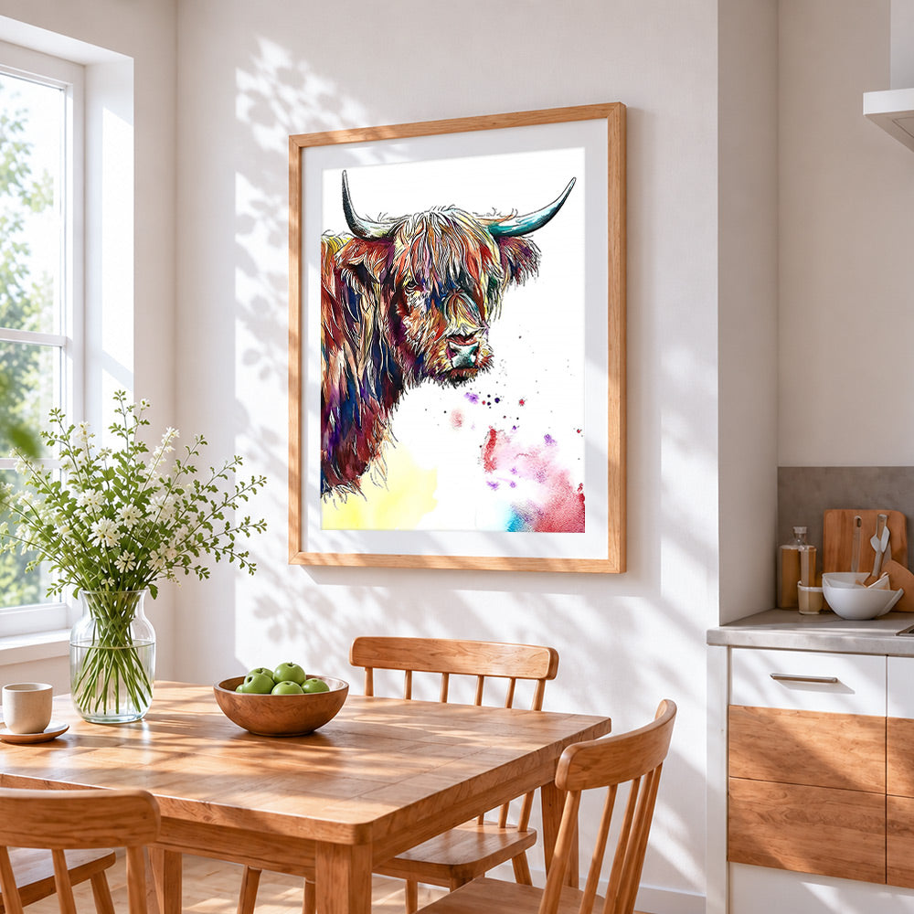 Vibrant ink and watercolour highland cow cross stitch artwork displayed on wall as home decor