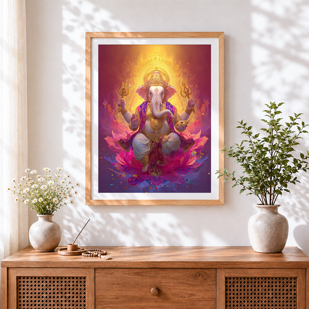 Finished vibrant lord ganesha on lotus cross stitch artwork displayed