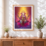 Finished vibrant lord ganesha on lotus cross stitch artwork displayed