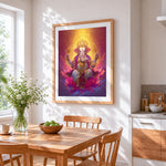 Vibrant lord ganesha on lotus cross stitch artwork displayed on wall as home decor