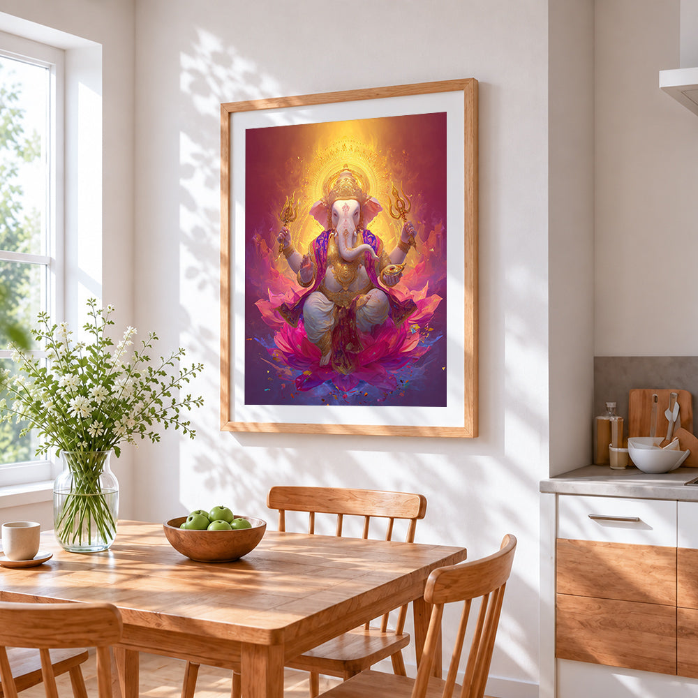 Vibrant lord ganesha on lotus cross stitch artwork displayed on wall as home decor