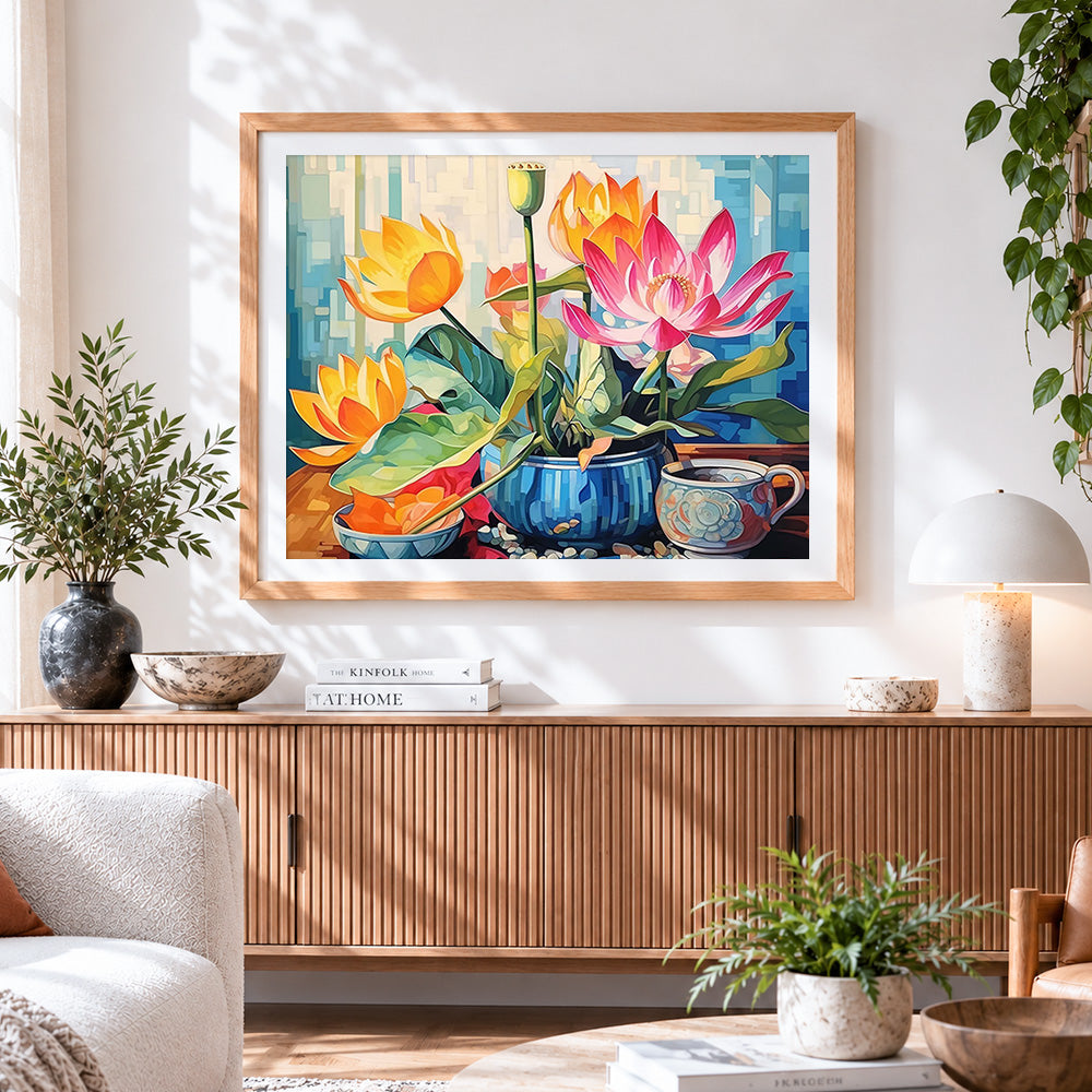 Finished vibrant lotus and seed pod still life paint by numbers artwork displayed as home decor