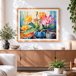Finished vibrant lotus and seed pod still life paint by numbers artwork displayed as home decor