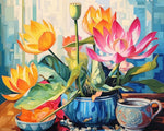 Vibrant lotus and seed pod still life paint by numbers kit for beginners