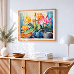 Vibrant lotus and seed pod still life paint by numbers artwork displayed on wall as home decor
