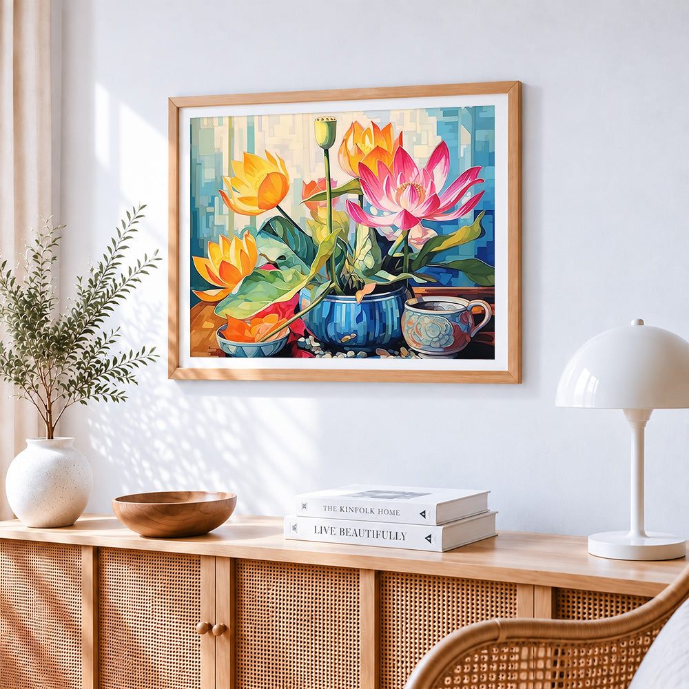 Vibrant lotus and seed pod still life paint by numbers artwork displayed on wall as home decor