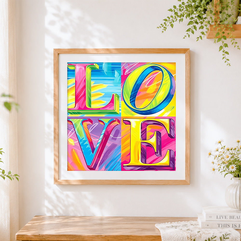 Finished vibrant "love" typography grid cross stitch artwork displayed