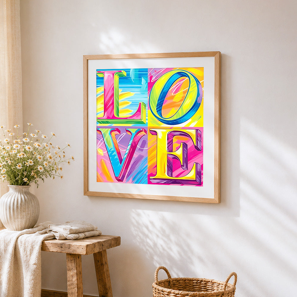 Vibrant "love" typography grid paint by numbers artwork displayed on wall as home decor