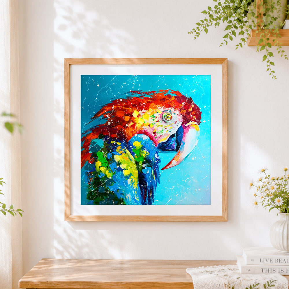 Finished vibrant macaw cross stitch artwork displayed