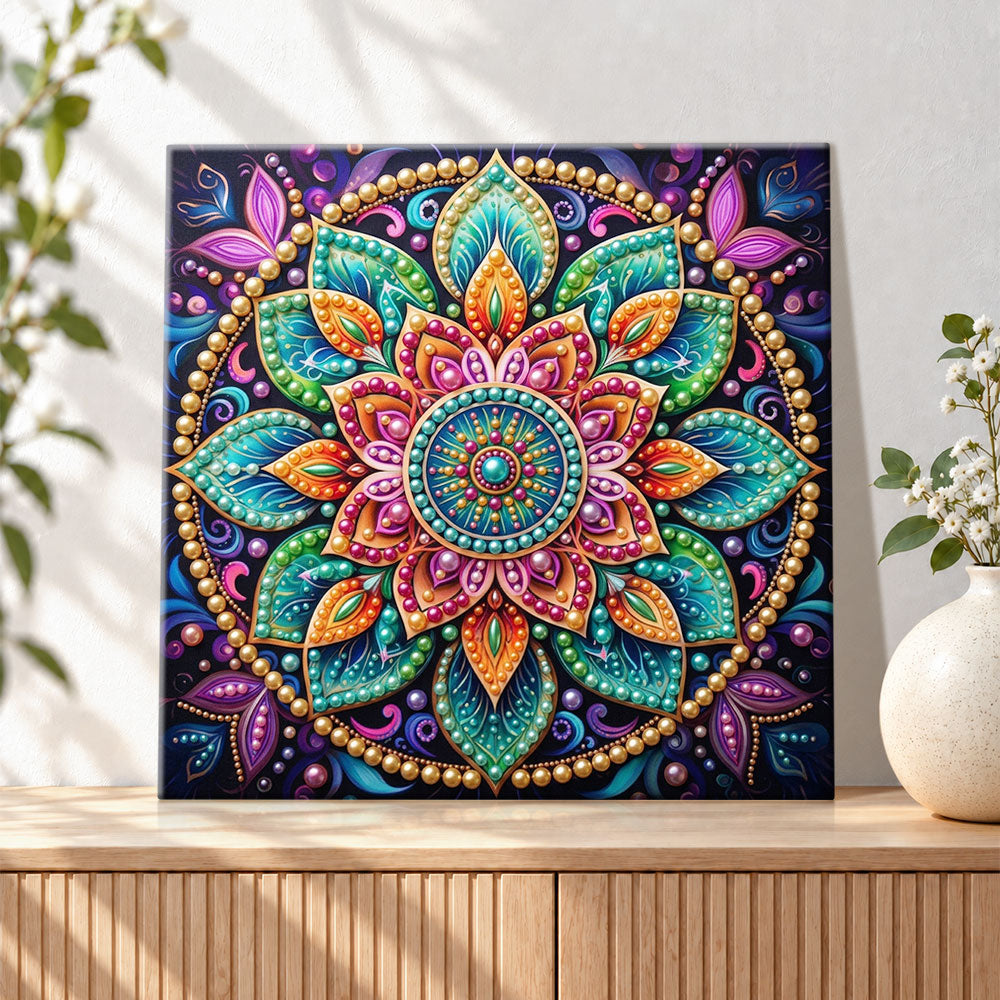 Finished vibrant mandala bloom pearl diamond painting artwork displayed as holiday home decor