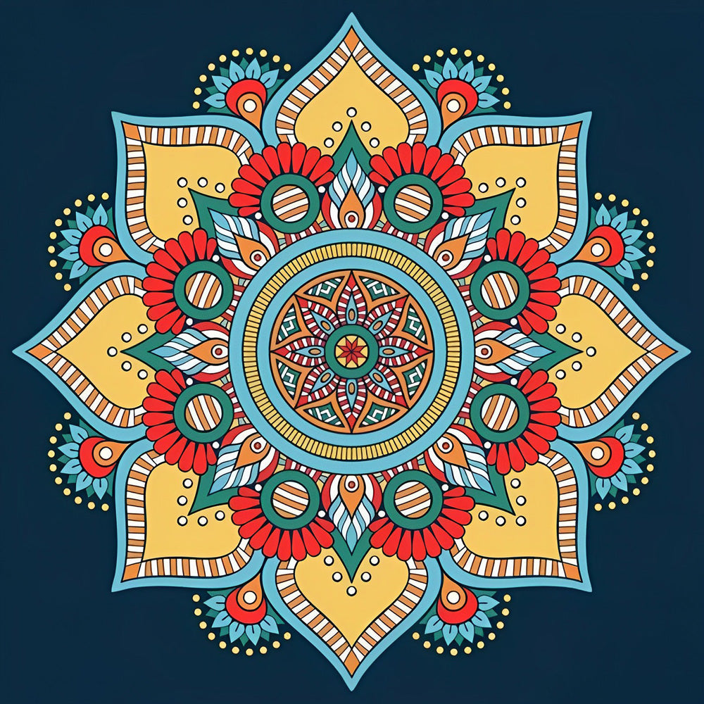 Vibrant mandala on a navy background cross stitch kit for beginners
