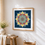 Vibrant mandala on a navy background cross stitch artwork displayed on wall as home decor