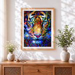 Finished vibrant modern tiger cross stitch artwork displayed