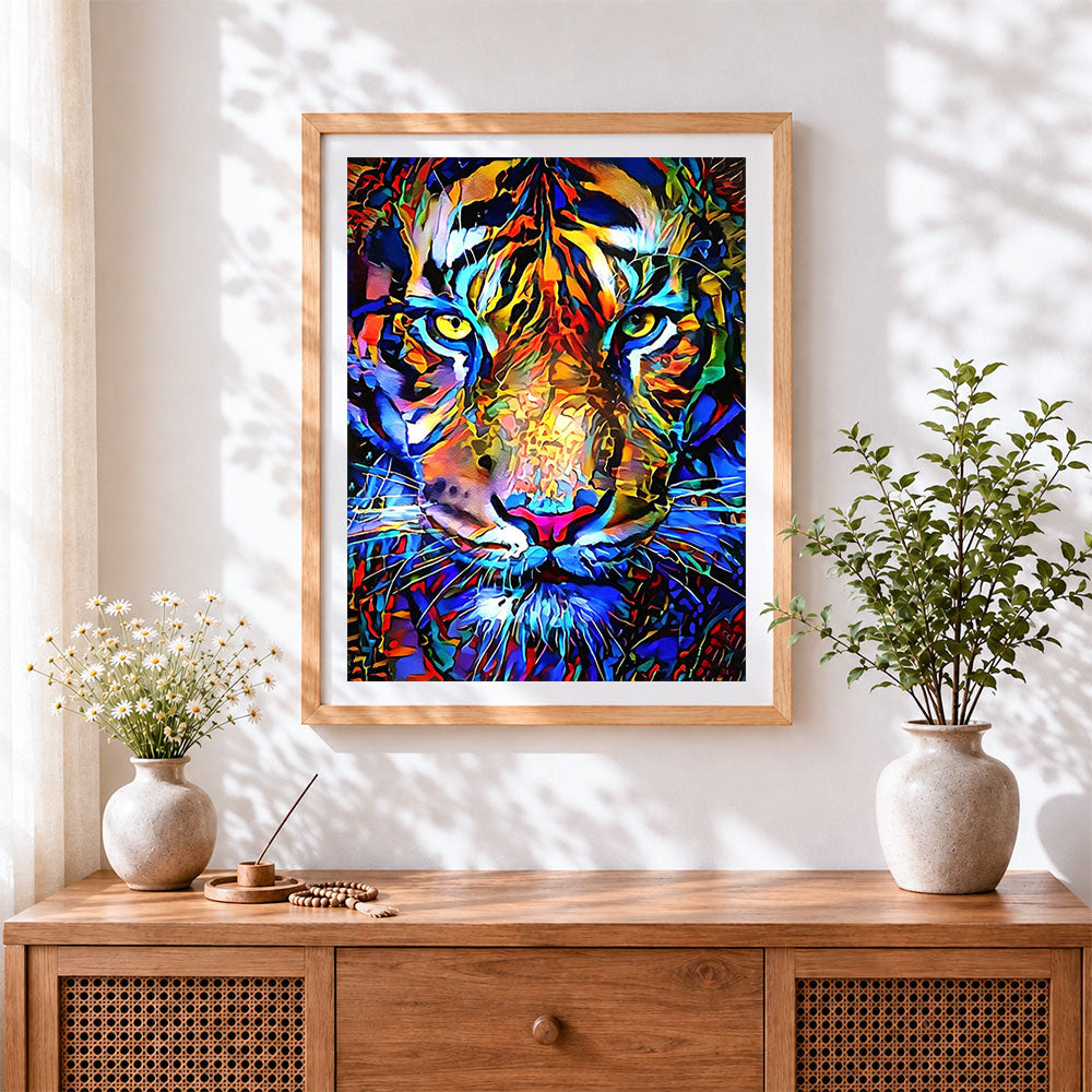Finished vibrant modern tiger cross stitch artwork displayed