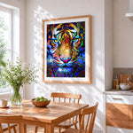 Vibrant modern tiger cross stitch artwork displayed on wall as home decor