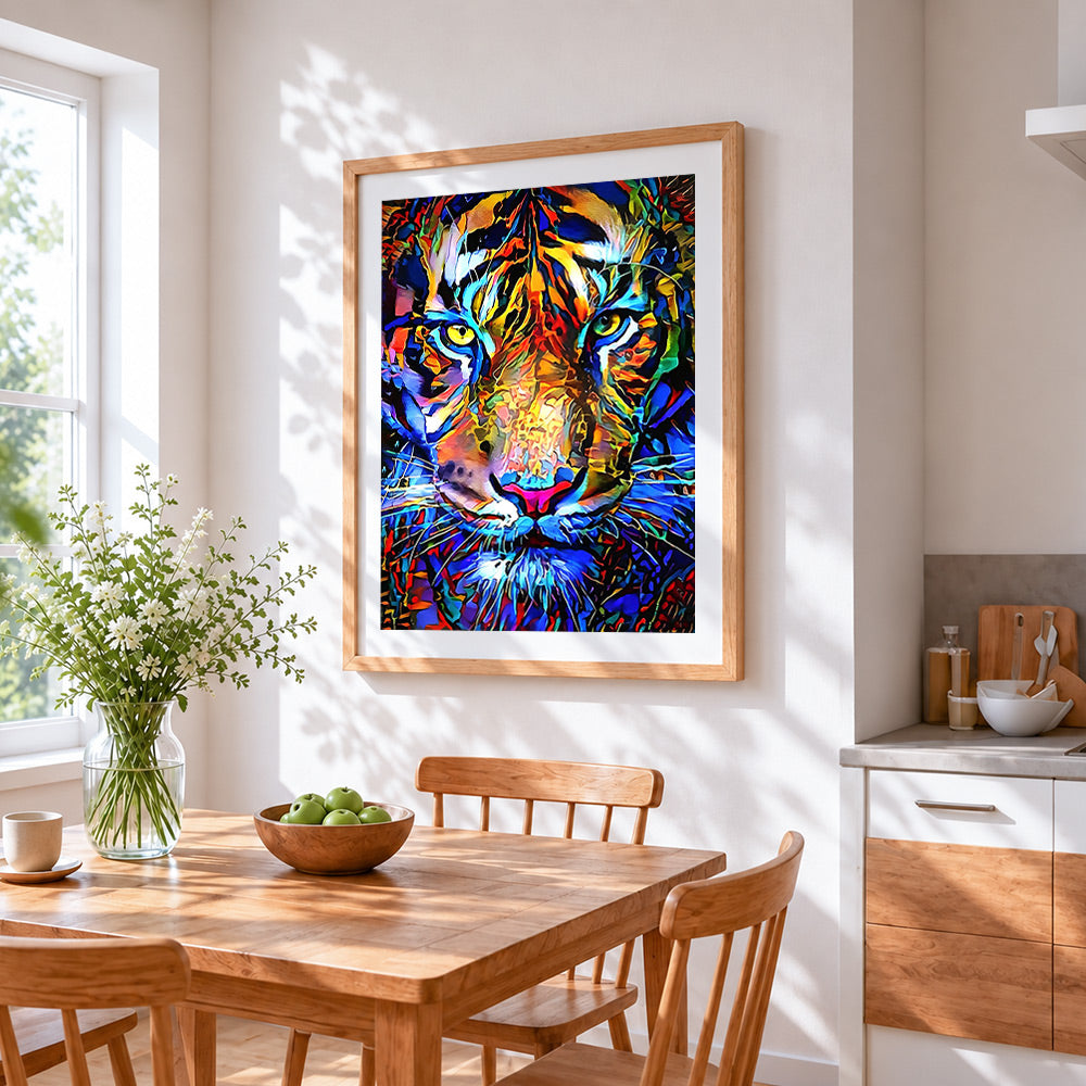 Vibrant modern tiger cross stitch artwork displayed on wall as home decor