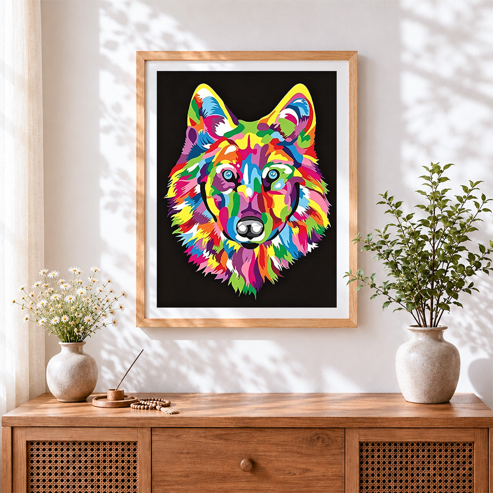 Finished vibrant modern wolf cross stitch artwork displayed