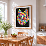 Vibrant modern wolf cross stitch artwork displayed on wall as home decor