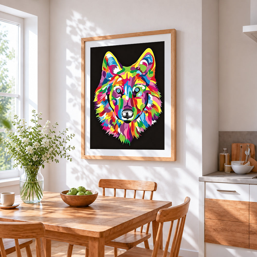 Vibrant modern wolf cross stitch artwork displayed on wall as home decor