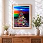 Finished vibrant neon christmas tree cross stitch artwork displayed