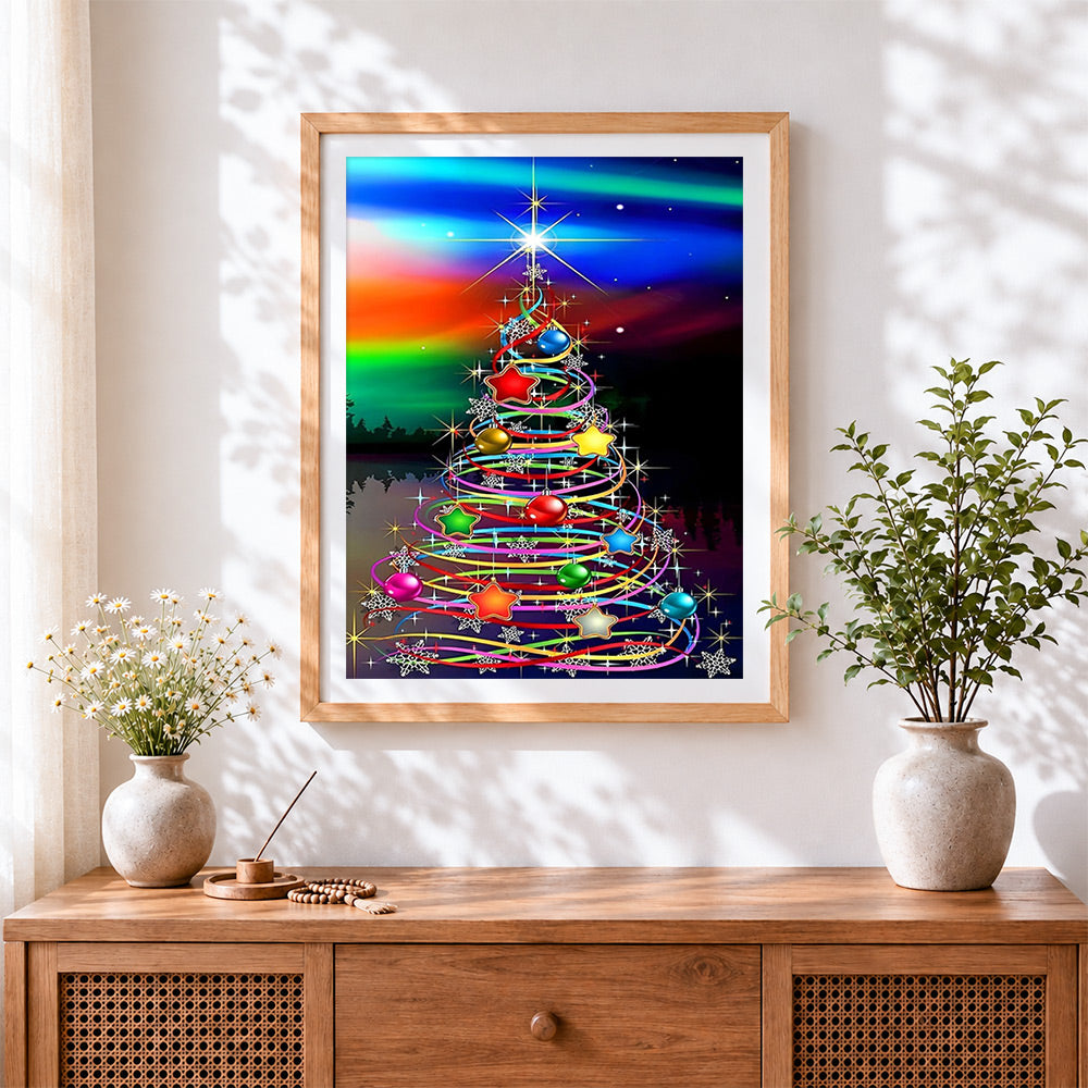 Finished vibrant neon christmas tree cross stitch artwork displayed