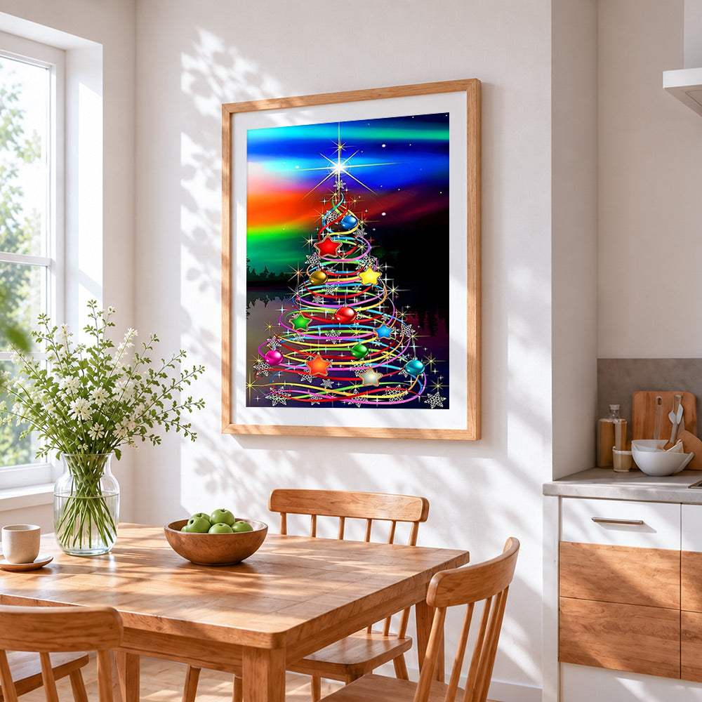 Vibrant neon christmas tree cross stitch artwork displayed on wall as home decor