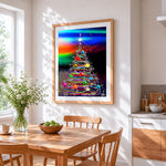 Vibrant neon christmas tree cross stitch artwork displayed on wall as home decor