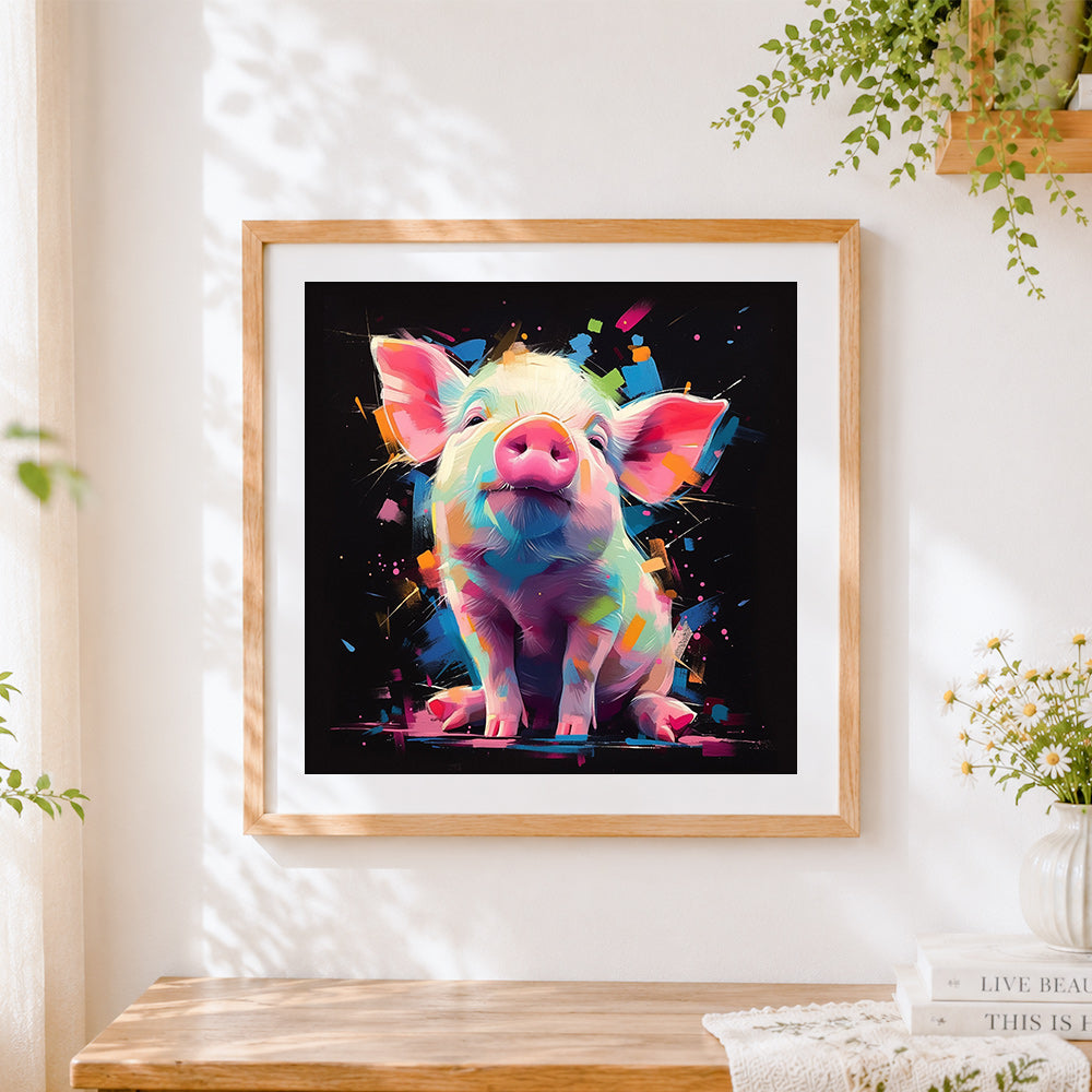 Finished vibrant neon piglet cross stitch artwork displayed