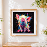 Finished vibrant neon piglet cross stitch artwork displayed
