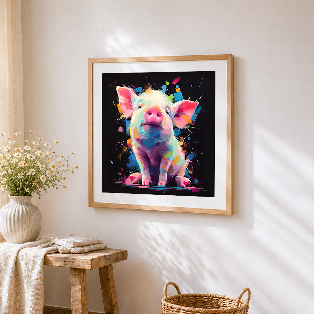 Vibrant neon piglet cross stitch artwork displayed on wall as home decor
