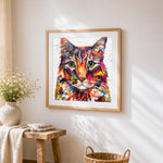 Vibrant oil painting style cat cross stitch artwork displayed on wall as home decor