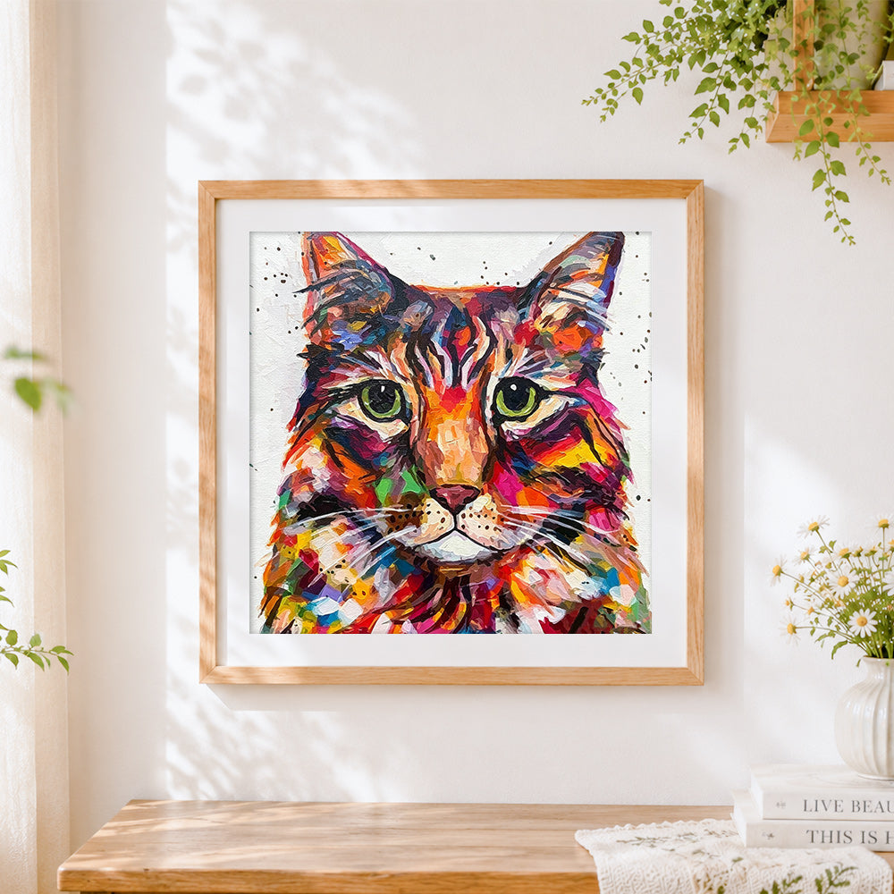 Finished vibrant oil painting style cat paint by numbers artwork displayed as home decor