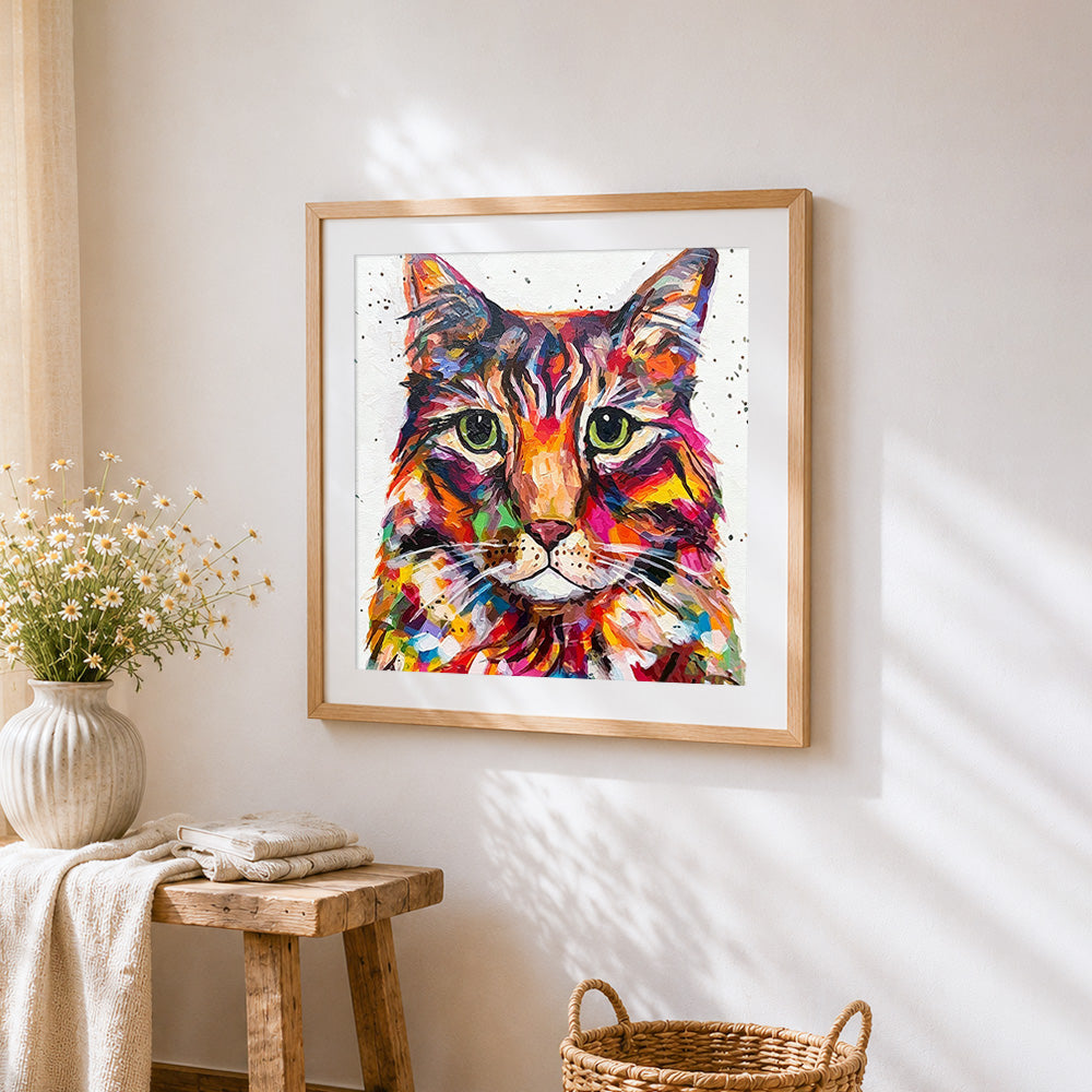 Vibrant oil painting style cat paint by numbers artwork displayed on wall as home decor