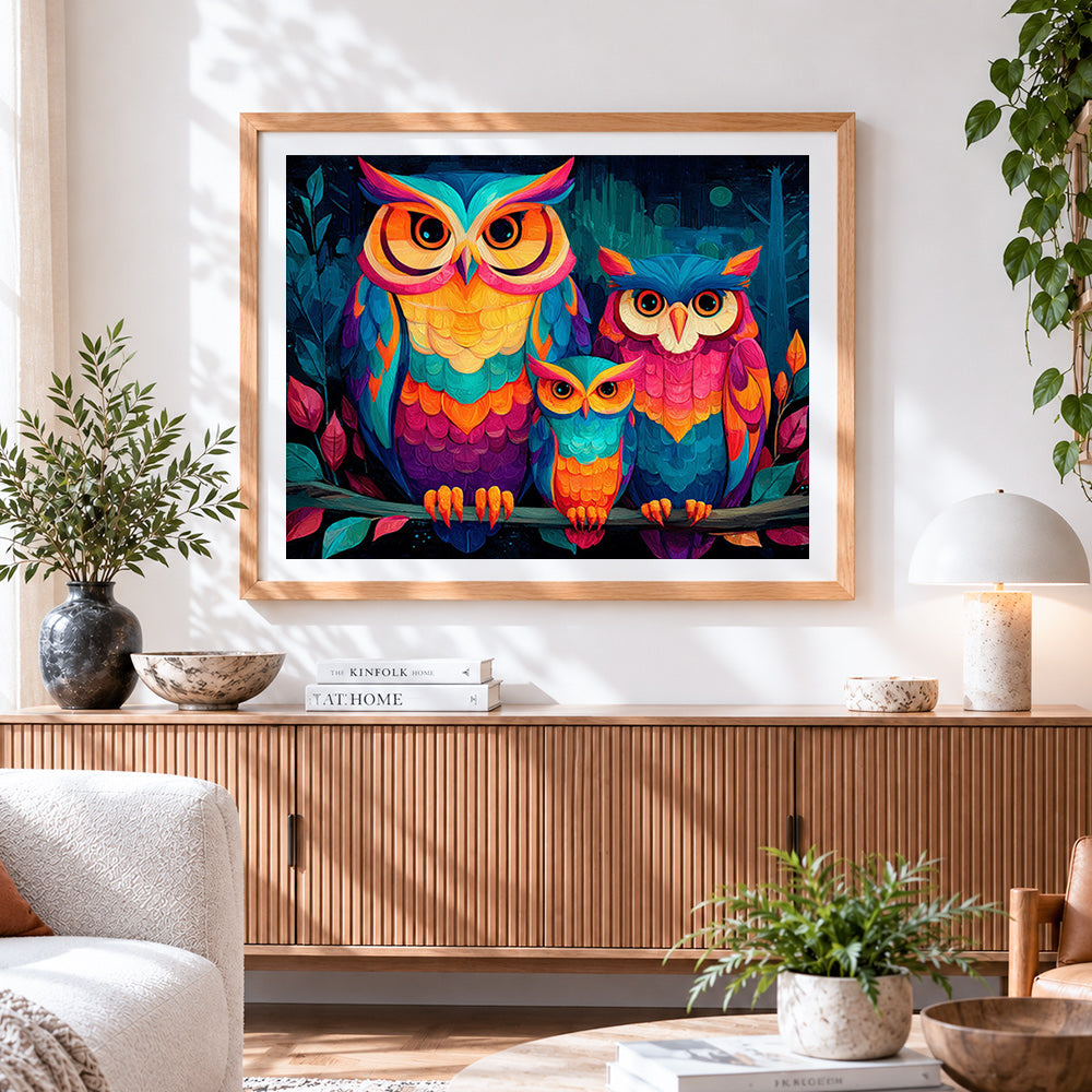 Finished vibrant owl family cross stitch artwork displayed