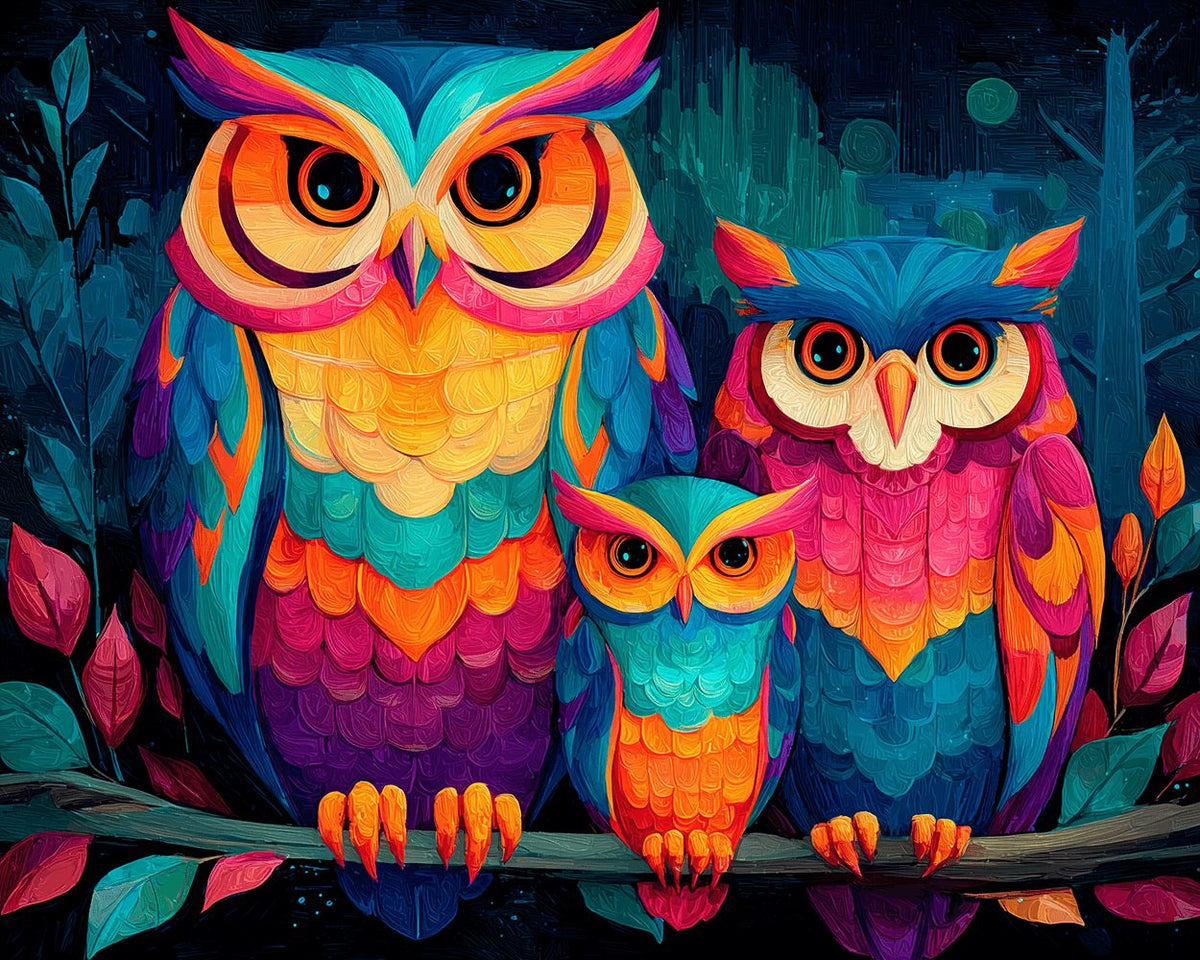 Vibrant owl family cross stitch kit for beginners
