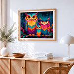 Vibrant owl family cross stitch artwork displayed on wall as home decor