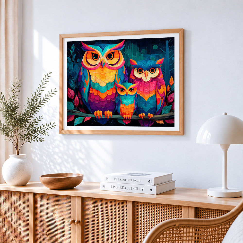 Vibrant owl family cross stitch artwork displayed on wall as home decor