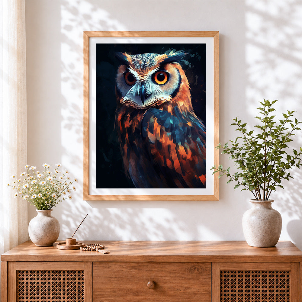 Finished vibrant owl portrait cross stitch artwork displayed