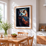 Vibrant owl portrait cross stitch artwork displayed on wall as home decor