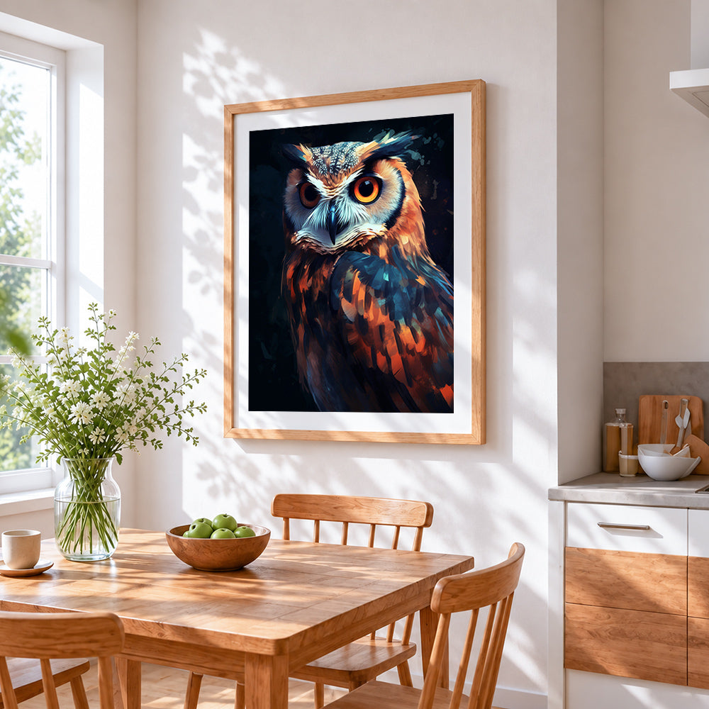 Vibrant owl portrait cross stitch artwork displayed on wall as home decor