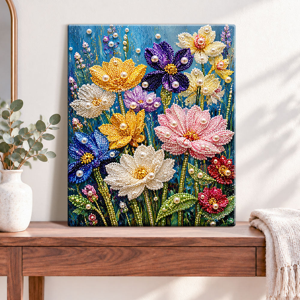 Finished vibrant pearl wildflowers pearl diamond painting artwork displayed as home decor