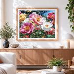 Finished vibrant peony garden in bloom cross stitch artwork displayed