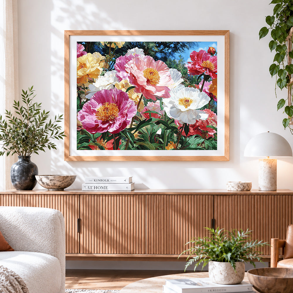 Finished vibrant peony garden in bloom cross stitch artwork displayed
