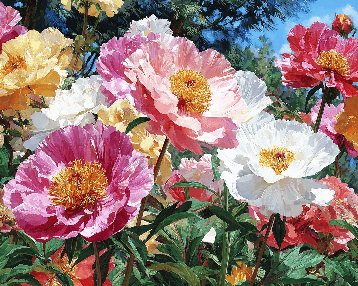 Vibrant peony garden in bloom cross stitch kit for beginners